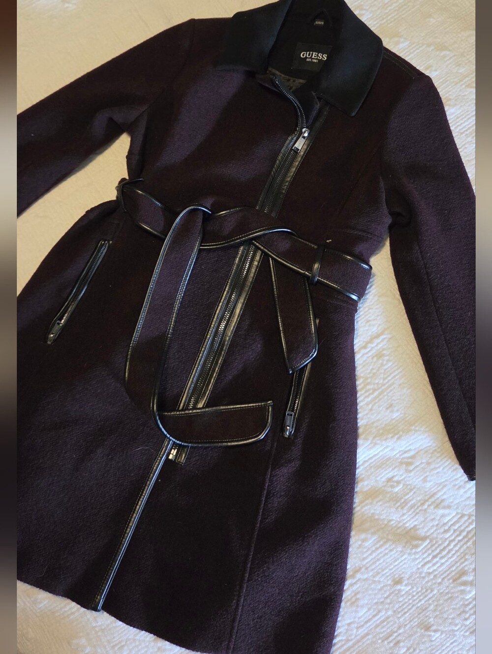 GUESS Asymmetrical Zip Belted Wool-Blend Coat with Faux-Leather Trim, Size XL
